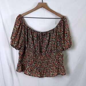 Forever 21 Womens Milkmaid Top Size 2X Black Floral Smocked Coquette Cottagecore